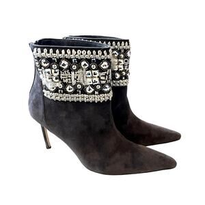 Manolo Blahnik 10 Crystal Beaded $1100 Suede Ankle Boots Western Sexy Gray 40.5